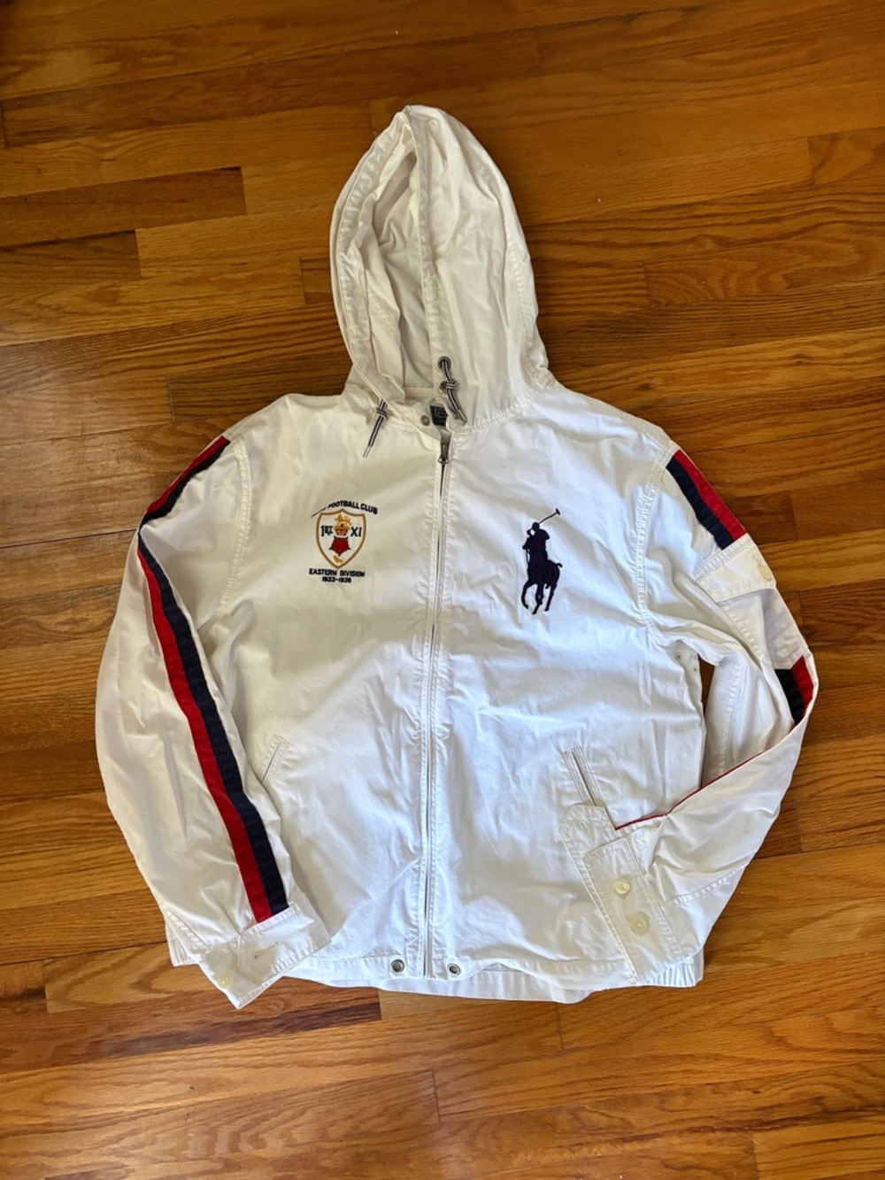 Polo by Ralph Lauren White Hooded Windbreaker with Navy & Red Stripes